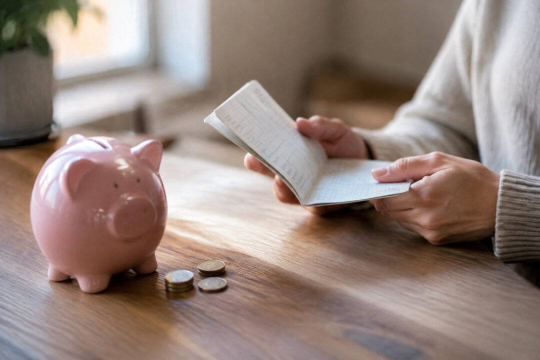 Fiches comparatives des livrets réglementés posées sur un bureau avec calculatrice et pièces
